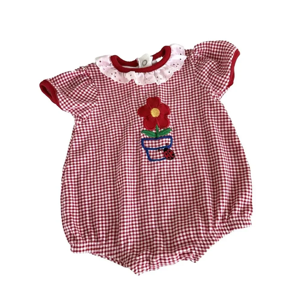 Vintage Healthtex Romper 3-6M Flower Ladybug Appliqué Red & White Gingham Cotton
